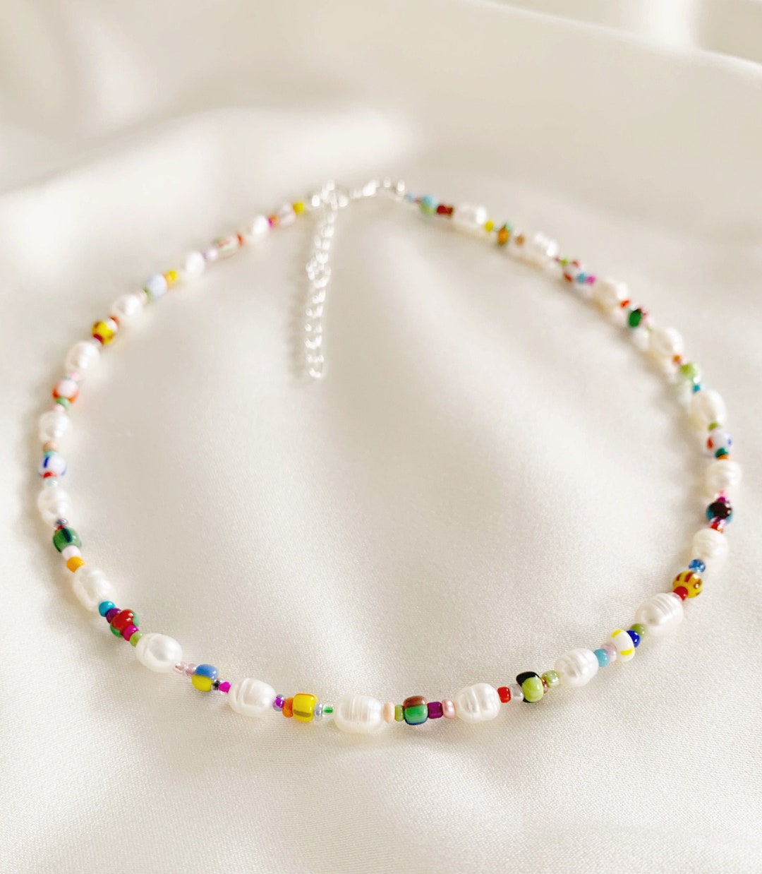 Freshwater Pearl Necklace With Mixed Patterned Colourful Beads - Etsy
