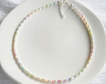 Small freshwater pearl necklace or choker with ombre gradient patterned seed beads - silver plated, sterling silver, or gold filled clasp