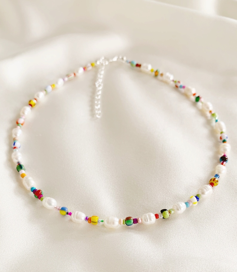 Freshwater pearl necklace with mixed patterned colourful glass beads and silver plated, sterling silver, or gold filled clasp image 6