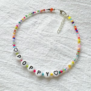 Customisable name or word bracelet or anklet with multicolour beads in elastic, silver plated, sterling silver or gold filled clasp image 5