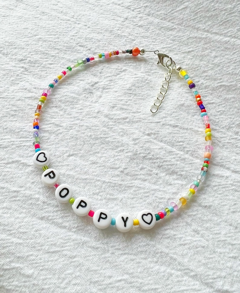 Customisable name or word bracelet or anklet with multicolour beads in elastic, silver plated, sterling silver or gold filled clasp image 5