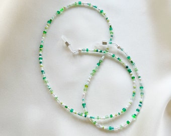 Glasses and sunglasses chain with mixed green and white glass seed beads - also available in custom lengths - simple green specs chain