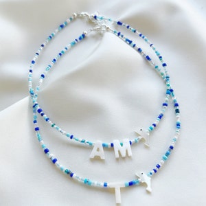 Blue white bead necklace personalised with custom name or word in mother of pearl letter beads silver plated/sterling silver/gold filled image 3