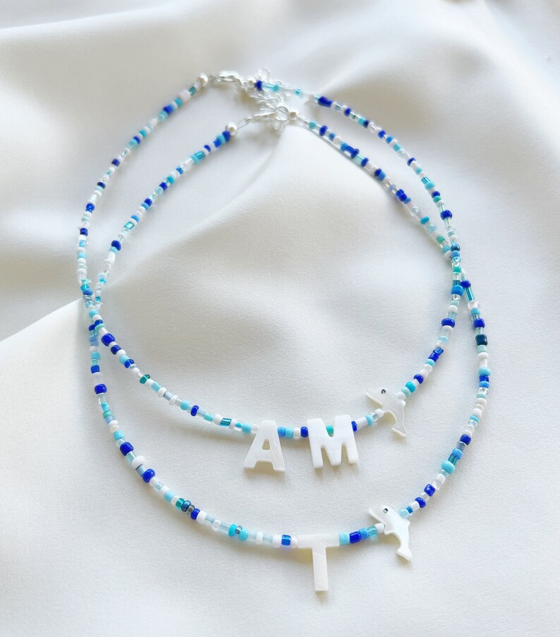 Blue white bead necklace personalised with custom name or word in mother of pearl letter beads silver plated/sterling silver/gold filled image 3