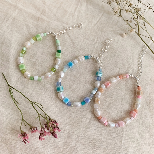 Freshwater pearls bracelet or anklet with chunky ceramic and glass beads - green, blue, pink - silver plated, sterling silver, gold filled