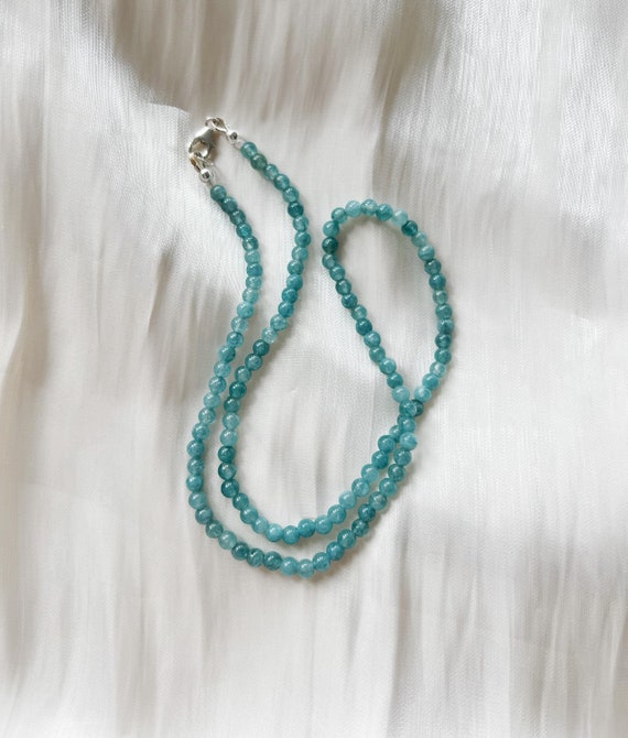 Sterling Silver with Aquamarine Bead Bar Necklace - Adjustable Length Sterling Silver with Aquamarine Bead Bar Necklace - Adjustable Length