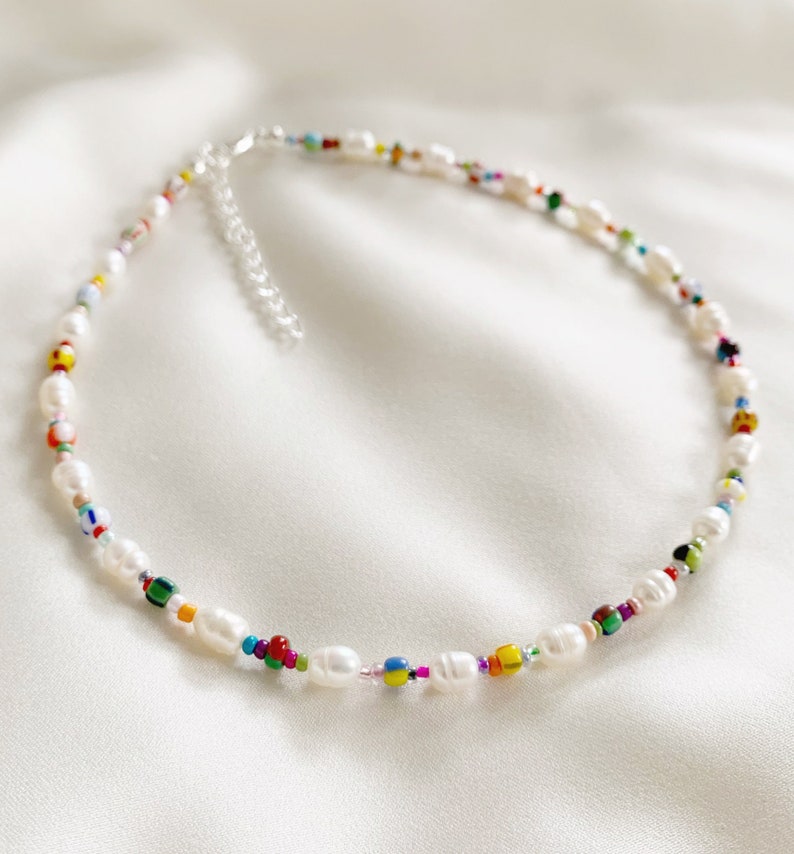 Freshwater pearl necklace with mixed patterned colourful glass beads and silver plated, sterling silver, or gold filled clasp image 9