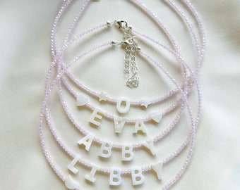 Pink glass bead name or word necklace personalised with mother of pearl letters - silver plated, sterling silver, or gold filled clasp