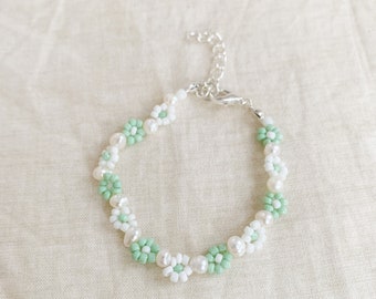 White and mint green daisy chain bracelet or anklet with round freshwater pearls - silver plated, sterling silver, gold filled clasp