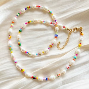 Freshwater pearl necklace with mixed patterned colourful glass beads and silver plated, sterling silver, or gold filled clasp image 3