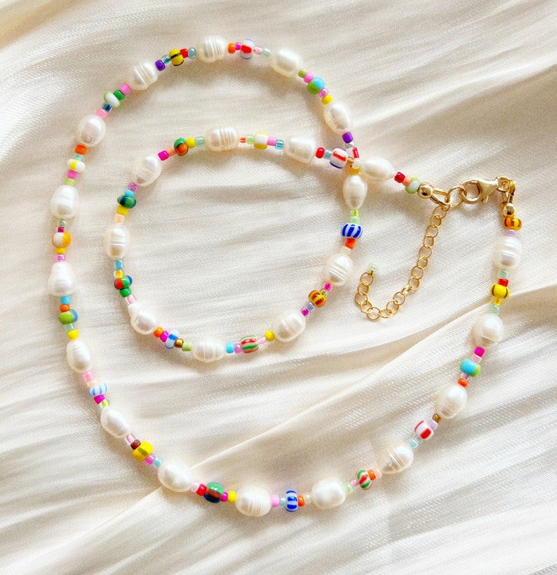 Freshwater pearl necklace with mixed patterned colourful glass beads and silver plated, sterling silver, or gold filled clasp image 3