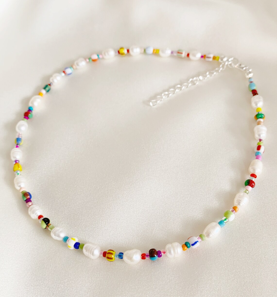 Freshwater Pearl Necklace With Mixed Patterned Colourful Beads - Etsy