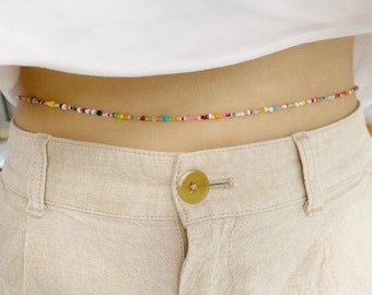 Belly chain with multicolor mixed glass seed beads single strand / waist beads / body chain - silver plated, sterling silver, or gold filled