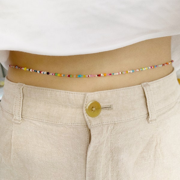Adjustable and Custom Length Belly Chain with Multicolor Glass Beads - Silver Clasp