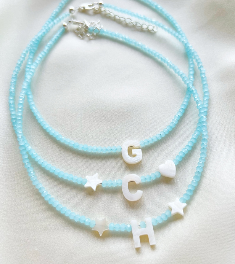 Pastel blue glass bead name or word necklace personalised with mother of pearl letters silver plated, sterling silver, or gold filled clasp image 4