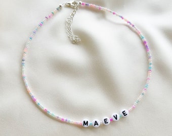 Personalised name necklace with mixed pastel glass seed beads - custom name, word, numbers, date - silver plated clasp