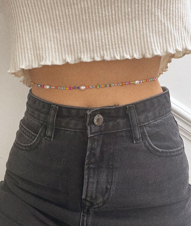 Adjustable belly chain with freshwater pearls and mixed glass beads colourful waist chain silver plated, sterling silver, gold filled image 5