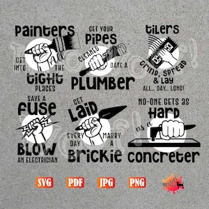 Cheeky TRADIES Plumber Concreter Painter Brickie Bricklayer Tiler Electrician Sparky Workman Tradesman SVG digital Vector Silhouette Cricut