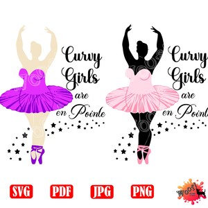 May include: Two silhouettes of dancers in pink and purple tutus with the text "Curvy Girls are en Pointe" on a white background.