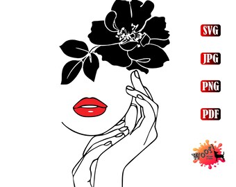 Woman, Flowers, Girl, Lips, Line Art, Glamorous, Beautiful, Vinyl Cut File, Silhouette, Cricut, Vector, SVG, Graphic, Sublimation, Clipart