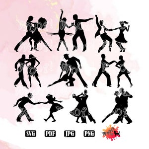 Paquete de baile Jive Rock 'n' Roll Salsa Merengue Latino Bachata Ballroom Cha Cha Tango Swing Rumba SVG Silueta Archivo de corte Cricut Logotipo gráfico