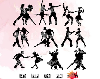 May include: Silhouettes of couples dancing in various ballroom dance poses. The silhouettes are black against a pink background.