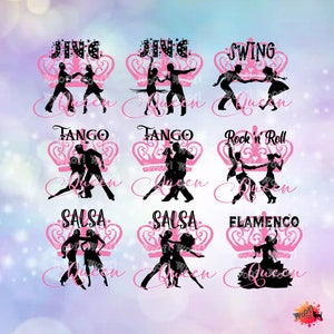 DANCE QUEEN Flamenco Tango Salsa Jive Rock n Roll Swing Silueta Cricut SVG Sublimación Negro Rosa Hacer calcomanías camisetas tazas gorras bolsos