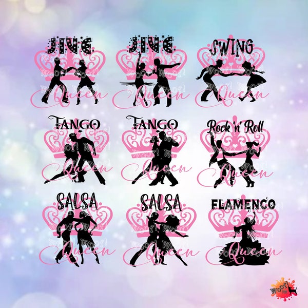 DANCE QUEEN Flamenco Tango Salsa Jive Rock n Roll Swing Silhouette Cricut SVG Sublimation Black Pink Make decals t-shirts mugs caps bags