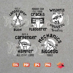Brutale TRADIES Tuinarchitect Lasser Monteur Timmerman Stukadoor Werkman Handelaar Grease Monkey Chippy SVG Vector Silhouet Cricut