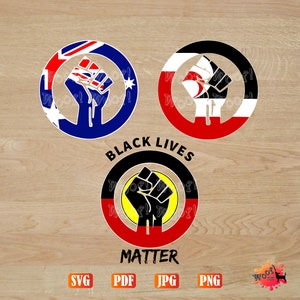 May include: Three circular designs with a raised fist in the center. Each circle features a different flag: the Australian flag, the Aboriginal flag, and the Pan-African flag. The text "Black Lives Matter" is written in a black arc above the Aboriginal flag design.
