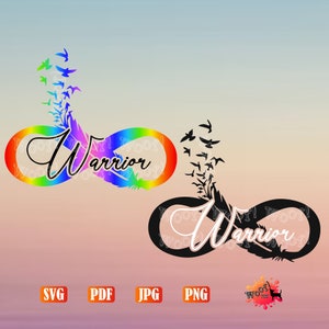 Op de afbeelding: Een regenboog oneindigheidssymbool met het woord "Warrior" erin. Een zwart-wit oneindigheidssymbool met het woord "Warrior" erin. Beide symbolen hebben een veer en vogels die uit de bovenkant vliegen.
