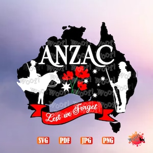 May include: A black silhouette of the Australian continent with the word "ANZAC" in white letters and the phrase "Lest We Forget" on a red ribbon. The silhouette includes a soldier, a horse, and red poppies.