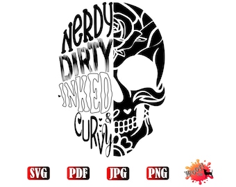 Nerdy Dirty Inked Curvy Skull Tattoo Vinyl Cut File, Silhouette, Cricut, Vector, SVG, Sublimation, Graphic, Logo make decals, mugs, tshirts