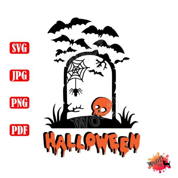 Halloween Skull Bats Spider Cobweb Trick or Treat Tomb Grave All Hallows Eve Vinyl Cut File Silhouette Cricut Vector SVG Graphic Sublimation