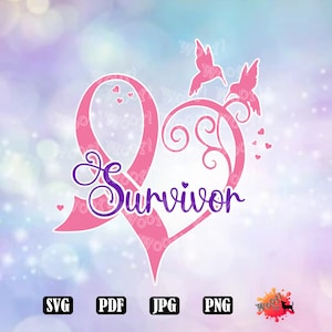 Breast Cancer Survivor Pink Awareness Ribbon santé oiseaux coeurs SVG Silhouette, Cricut, sublimation, faire des t-shirts, des tasses, des décalcomanies, des porte-clés