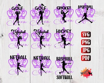 Basketball Netball Softball Baseball Hockey Cricket Golf Volleyball QUEEN Vinyl Cut File Vector Silhouette Cricut SVG Graphics Sublimation