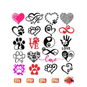 Chat, chien, amour, empreintes de pattes, pattes, coeur, infini, fichier de coupe de vinyle, Silhouette, Cricut, SVG, faire des décalcomanies, des t-shirts, des autocollants