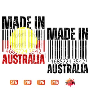 May include: Black and white graphic design with the text "Made in Australia" and a barcode with the number 4685724 3542. The design features a stylised Australian flag with red, yellow, and black colours.