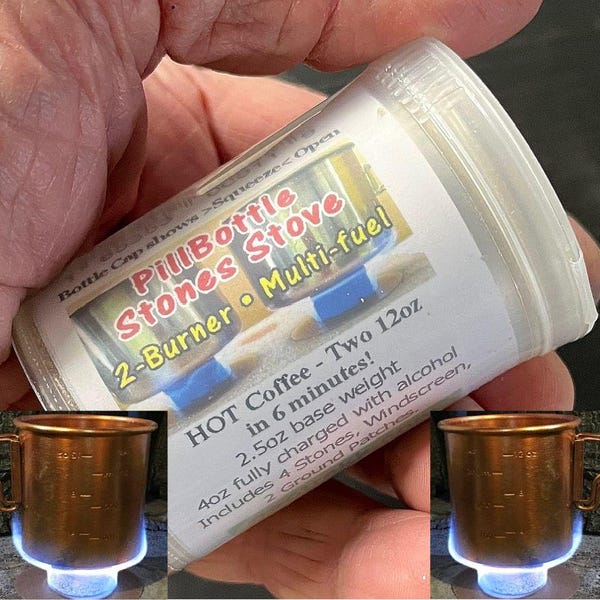 PillBottle Stones Stove - Backpacker 2-brander multi-brandstof. 4 oplaadbare stenen slijten nooit.