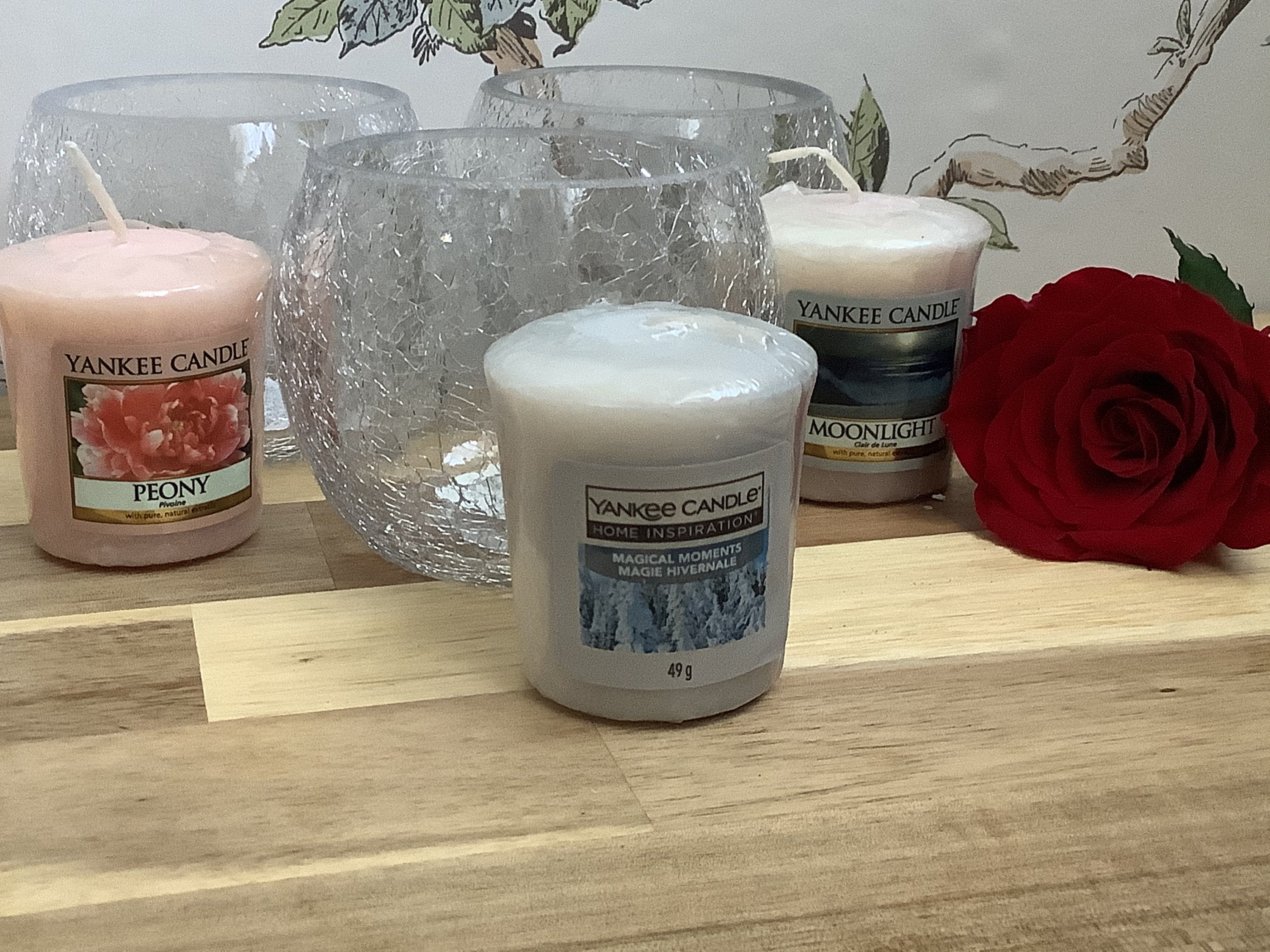 Cracked glass set of 3 candle holders with 3 Yankee candles Etsy