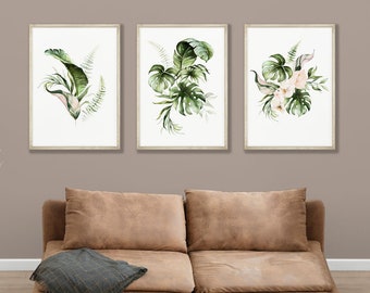 Impresión de hojas de helecho banana monstera, arte de pared imprimible, juego de 3, hojas de palma, planta tropical, arte de vegetación, arte botánico en acuarela, tríptico