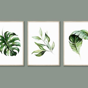 Folhas de eucalipto Monstera Banana, arte de parede para impressão, conjunto de 3, folha de palmeira, planta tropical, arte verde, arte botânica em aquarela, tríptico