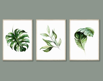 Hojas de eucalipto, plátano y monstera, arte mural imprimible, juego de 3, hoja de palma, planta tropical, arte de vegetación, arte botánico en acuarela, tríptico