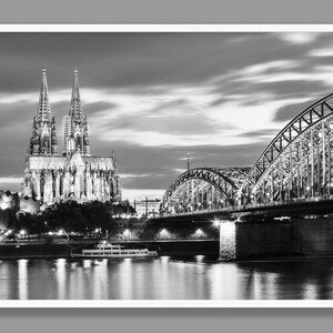 Cologne Cathedral Twilight Printable Wall Art Hohenzollern Bridge Riverside Cityscape Wall Decor Black and White Print INSTANT DOWNLOAD