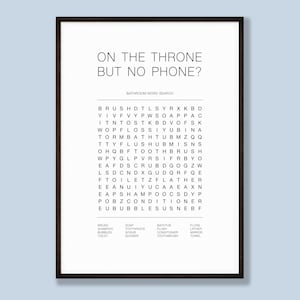 On The Throne But No Phone, Bathroom Word Search, Riddles, Toilet Print, Toilet Fun, Bathroom Sign, Printable Wall Art, Funny Poster