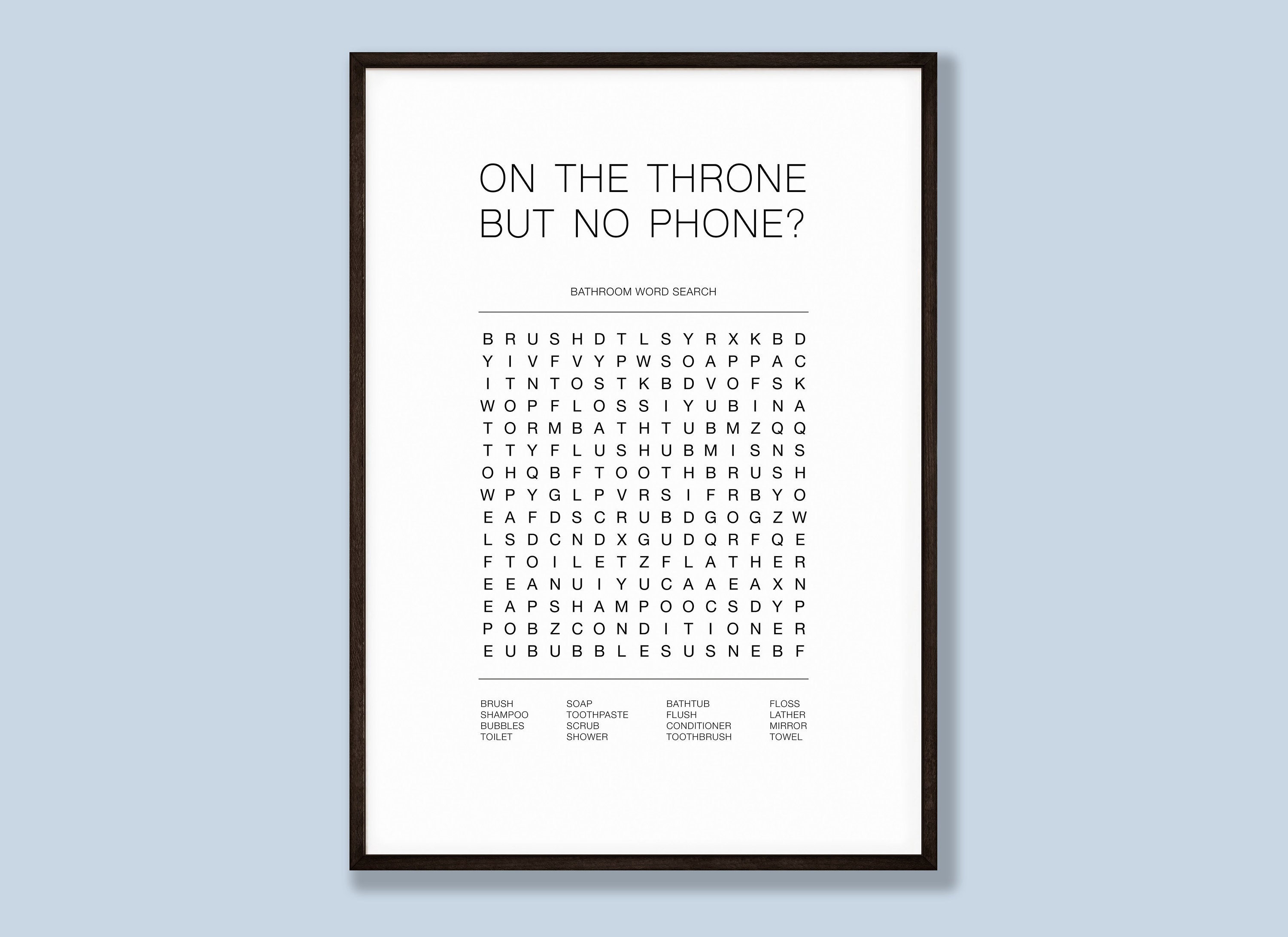 On The Throne But No Phone, Bathroom Word Search, Riddles, Toilet Print, Toilet Fun, Bathroom Sign, Printable Wall Art, Funny Poster