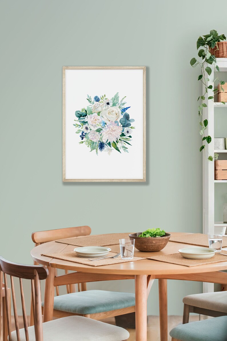 Blue and White Watercolor Flowers Printable Wall Art White | Etsy