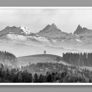 Mountain Print, Black and White, Mountain Wall Decor, Mountain Landscape, Nature Photo, Forest, Tree, Hills, Swiss Alps, Printable Wall Art