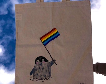 Handgemalte Tragetasche Pinguin Lgbtq Tote bag Jutebeutel Regenbogen Baumwolle Einkaufstasche süß Geschenk