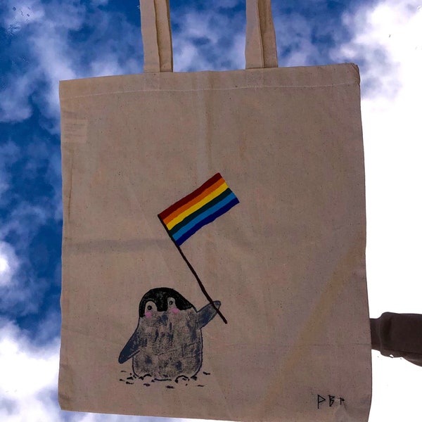 Hand painted tote bag penguin Lgbtq tote bag jute bag rainbow cotton shopping bag cute gift